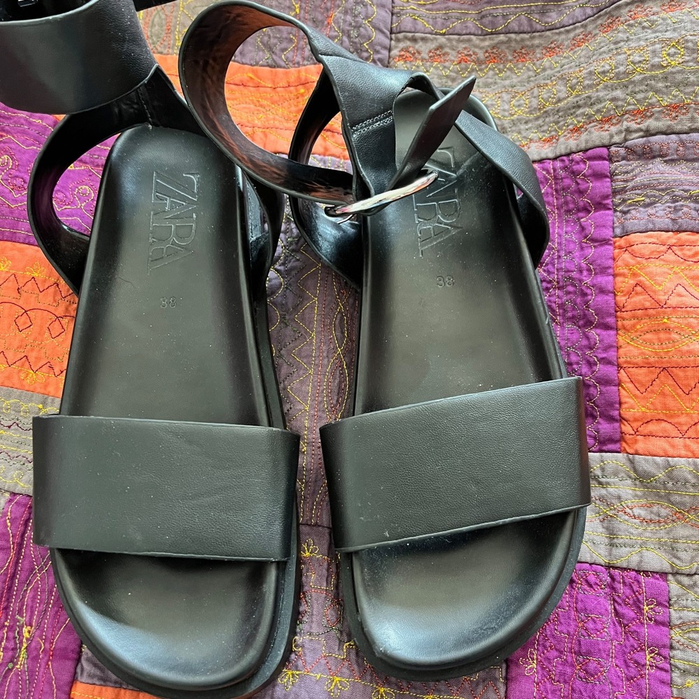 ZARA Black Ankle Strap Round Buckle Whimsigoth Sandal Size 7.5 (38) - Picture 3 of 8